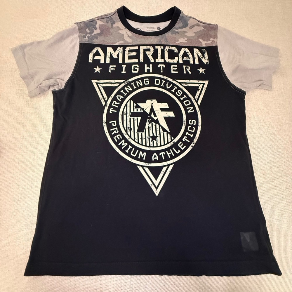 American Fighter Mens Training Division T-Shirt Black Camo Graphic Tee Large